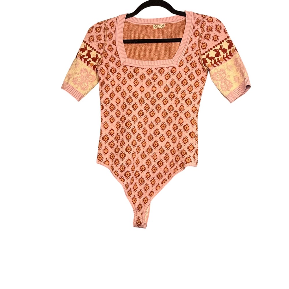 Free People Snow Bunnies Square Neck Bodysuit Pink Fair Isle Sweater XS - Picture 2 of 10